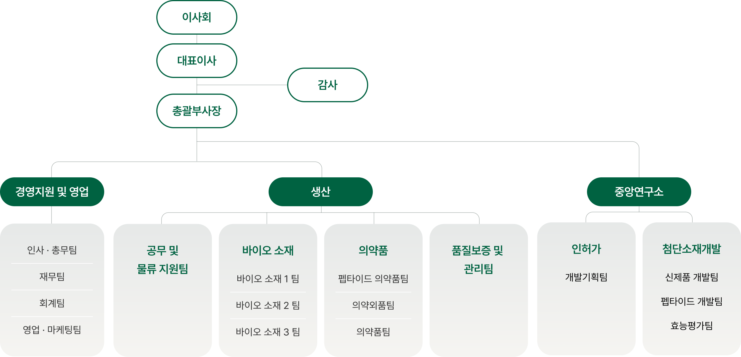 나이벡 조직도 - 이사회, 대표이사, 총괄부사장, 감사, 경영지원 및 영업, 생산, 중앙연구소